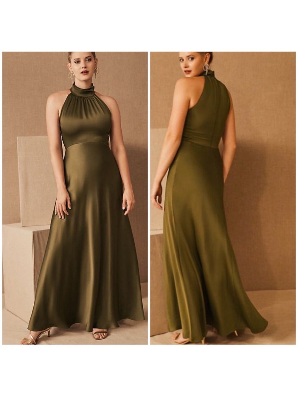BHLDN High Neck Maxi Cortland Dress Sleeveless Bridesmaid Olive Moss Green US 2